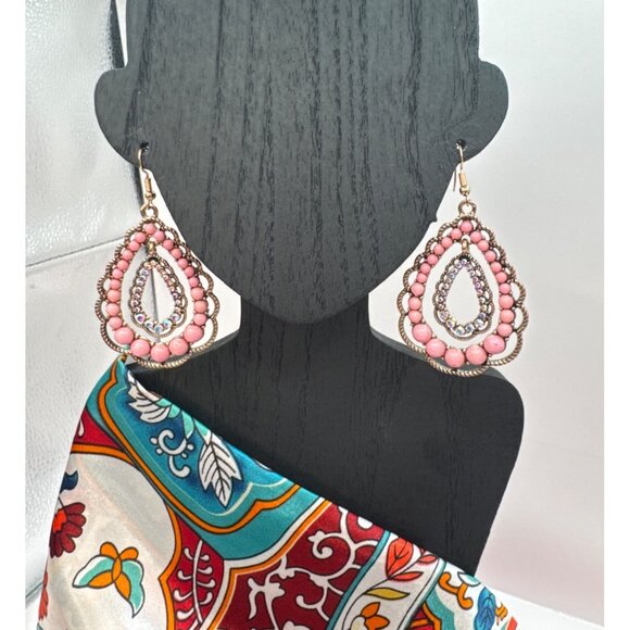 2/$24 Pink Teardrop Vintage Statement Earrings With Rhinestones & Beads - Picture 3 of 7